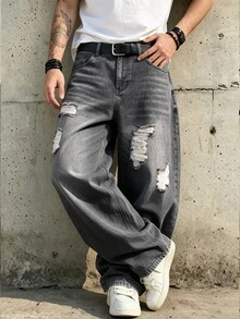GALLERY FADE 男士 Y2K 復古暗灰色寬腿牛仔褲，磨損破洞設計，寬鬆街頭風破壞風長褲，適合派對、度假、假期、電音節，秋冬穿搭 - 淺灰色 - 查看 5