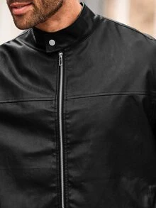 COMVAIL 大尺碼男士素色拉鍊休閒百搭長袖皮夾克，度假、父親節禮物 - 黑色 - 查看 7