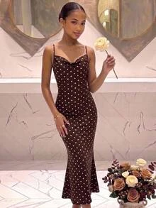 SHEIN Pitira 青少年女孩夏季優雅復古棕色波點印花細肩帶垂領中長洋裝 - 棕色 - 查看 1