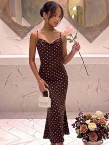 SHEIN Pitira 青少年女孩夏季優雅復古棕色波點印花細肩帶垂領中長洋裝 - 棕色 - 查看 3