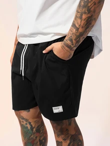 EASEVO Plus Size Men's Letter Print Drawstring Waist Woven Casual Straight Leg Shorts - Black - View 6