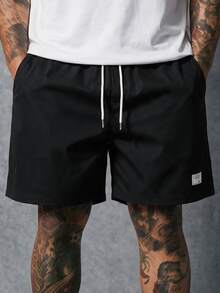 EASEVO Plus Size Men's Letter Print Drawstring Waist Woven Casual Straight Leg Shorts - Black - View 1