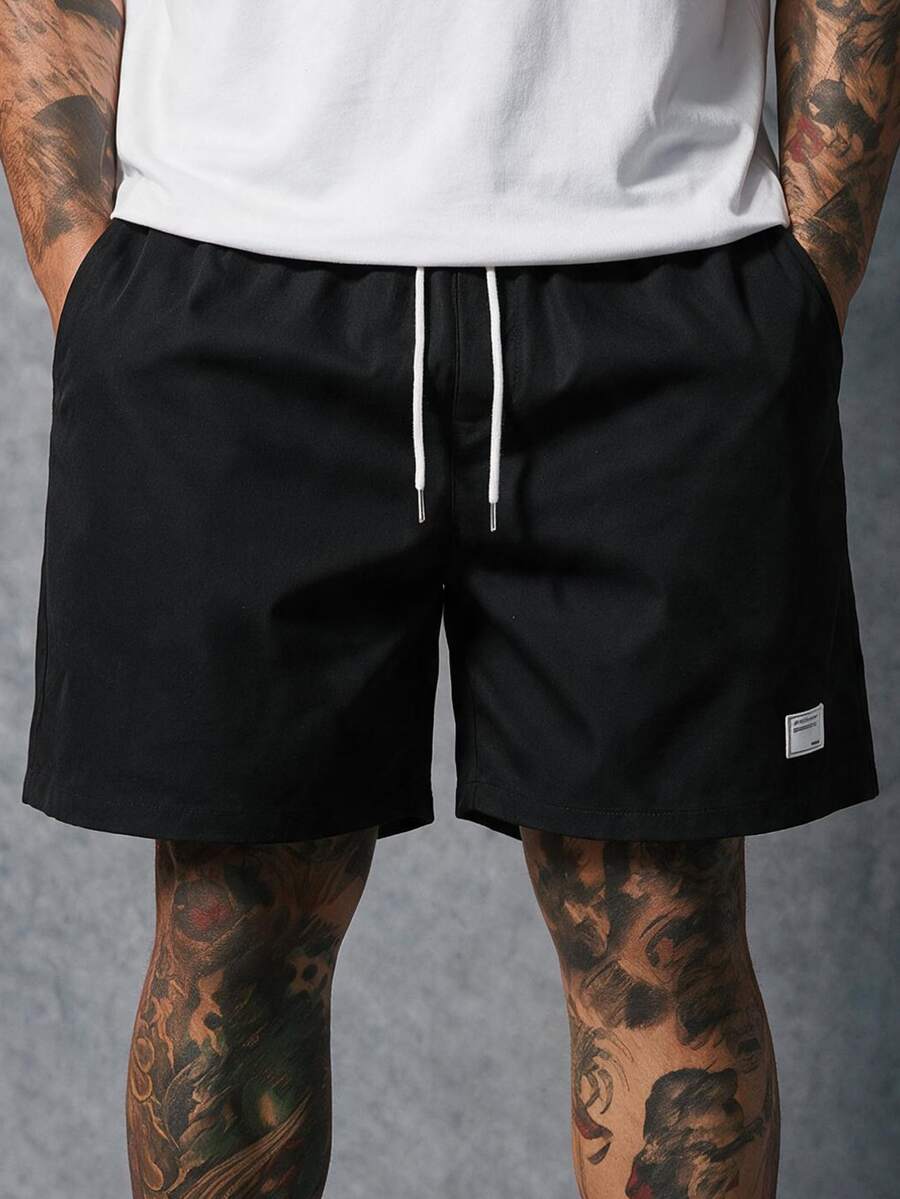 EASEVO Plus Size Men's Letter Print Drawstring Waist Woven Casual Straight Leg Shorts - Black - View 1