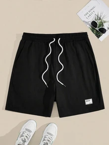 EASEVO Plus Size Men's Letter Print Drawstring Waist Woven Casual Straight Leg Shorts - Black - View 3