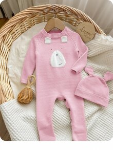 SHEIN Newborn Baby Girl Cute Cartoon Bear Romper With Hat, Autumn/Winter - Baby Pink - View 11
