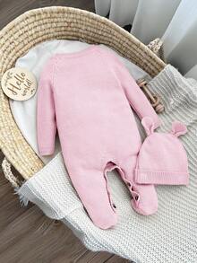 SHEIN Newborn Baby Girl Cute Cartoon Bear Romper With Hat, Autumn/Winter - Baby Pink - View 5