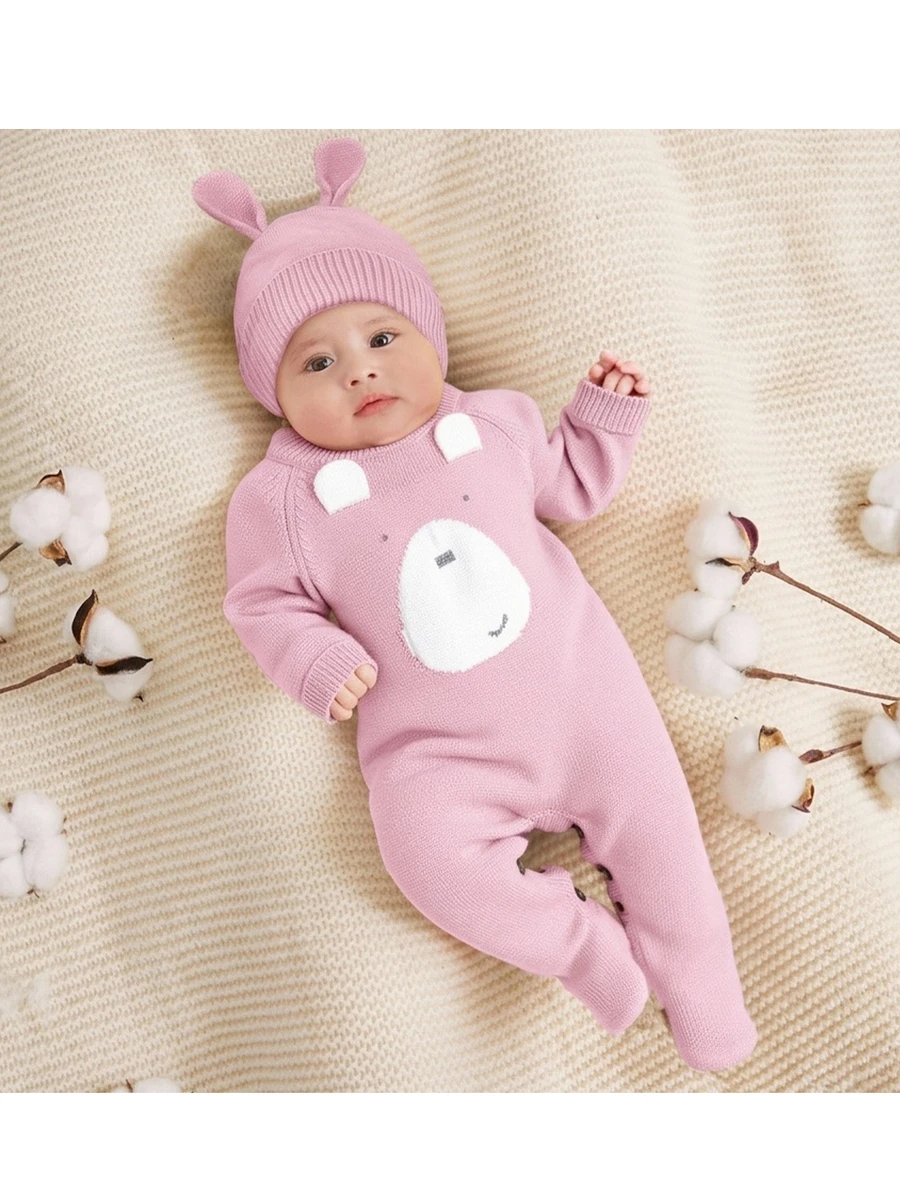 SHEIN Newborn Baby Girl Cute Cartoon Bear Romper With Hat, Autumn/Winter - Baby Pink - View 1