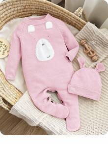 SHEIN Newborn Baby Girl Cute Cartoon Bear Romper With Hat, Autumn/Winter - Baby Pink - View 10