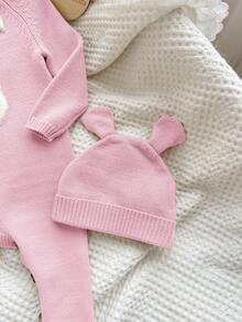 SHEIN Newborn Baby Girl Cute Cartoon Bear Romper With Hat, Autumn/Winter - Baby Pink - View 9