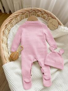 SHEIN Newborn Baby Girl Cute Cartoon Bear Romper With Hat, Autumn/Winter - Baby Pink - View 2