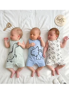SHEIN 3pcs Newborn Baby Boy Cute Summer Knitted Cartoon Dinosaur Pattern Sleeveless Romper Set - Multicolor - View 1