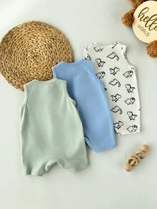 SHEIN 3pcs Newborn Baby Boy Cute Summer Knitted Cartoon Dinosaur Pattern Sleeveless Romper Set - Multicolor - View 3