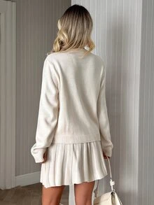 SHEIN طقم كنزة كارديجان بأزرار أمامية وتنورة مطوية بلون سادة للنساء، أنيق فرنسي كريمي للمكتب والغداء - كريم - مشاهدة 2
