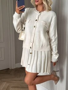 SHEIN طقم كنزة كارديجان بأزرار أمامية وتنورة مطوية بلون سادة للنساء، أنيق فرنسي كريمي للمكتب والغداء - كريم - مشاهدة 9