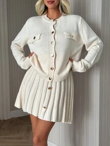 SHEIN طقم كنزة كارديجان بأزرار أمامية وتنورة مطوية بلون سادة للنساء، أنيق فرنسي كريمي للمكتب والغداء - كريم - مشاهدة 8