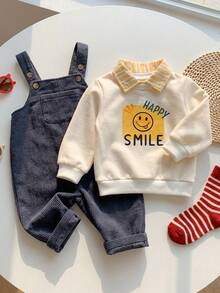 Cozy Pixies Baby Boy 2pcs Casual Comfortable Versatile Cute Striped Polo Sweatshirt & Overalls Long Pants Set - Multicolor - View 1