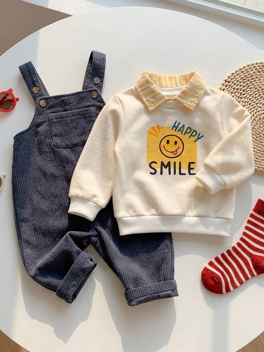 Cozy Pixies Baby Boy 2pcs Casual Comfortable Versatile Cute Striped Polo Sweatshirt & Overalls Long Pants Set - Multicolor - View 1