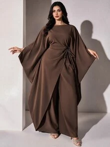 Veilorie Plus Size Women's Fall Solid Color Round Neck Tie-Front Cover Up And Pants 2 Pieces Set Formal Brunch Brown Elegant Corset - Brown - View 1