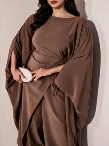 Veilorie Plus Size Women's Fall Solid Color Round Neck Tie-Front Cover Up And Pants 2 Pieces Set Formal Brunch Brown Elegant Corset - Brown - View 4