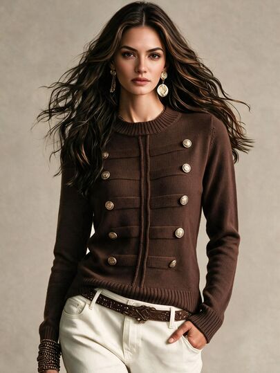 Omancia Autumn/Winter Napoleon Style Metal Button Round Neck Long Sleeve Pullover Earth Tone Brown/Coffee Knit Top, Versatile Base Layer/Outerwear For Women