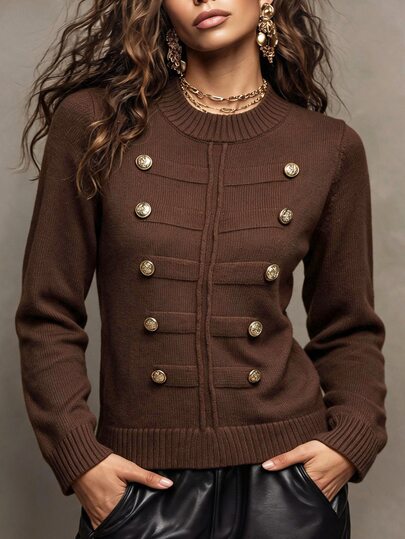 Omancia Autumn/Winter Napoleon Style Metal Button Round Neck Long Sleeve Pullover Earth Tone Brown/Coffee Knit Top, Versatile Base Layer/Outerwear For Women