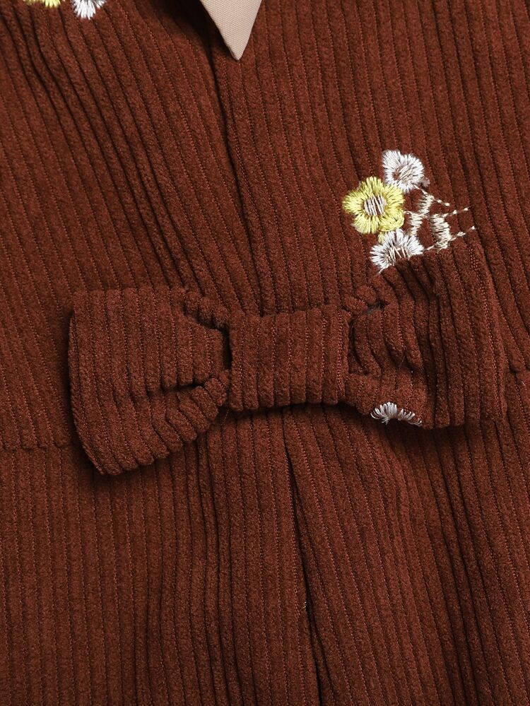 SHEIN Kids Tween Girl Corduroy Floral Patchwork Solid Color Long Sleeve Colorful Large Collar Waist Tie Bow Autumn Dress - Khaki - View 3