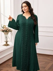 Al Najma 大尺碼女款蕾絲拼接V領長袖優雅端莊Ninang阿拉伯風洋裝，適合婚禮、夜晚、秋季 - 墨綠色 - 查看 5
