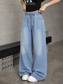 SHEIN Teen Girls' Loose Fit Straight Leg Jeans, Light Wash Wide Leg Denim Pants With Decorative Drawstring, Navy Blue, Summer, Casual, Graduation, Prom - Light Wash - View 4