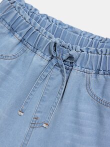 SHEIN Teen Girls' Loose Fit Straight Leg Jeans, Light Wash Wide Leg Denim Pants With Decorative Drawstring, Navy Blue, Summer, Casual, Graduation, Prom - Light Wash - View 6