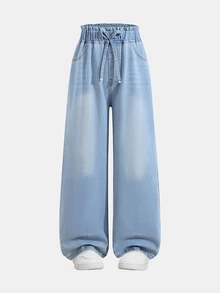 SHEIN Teen Girls' Loose Fit Straight Leg Jeans, Light Wash Wide Leg Denim Pants With Decorative Drawstring, Navy Blue, Summer, Casual, Graduation, Prom - Light Wash - View 5