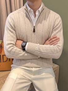 Manfinity Homme Men's Half-Stand Collar Zip-Up Long Sleeve Pullover Sweater, Casual Knit Autumn/Winter Clothing, Oatmeal Color Loose Fit Commuter Outfit, Simple Versatile Ribbed Stand Collar Pullover Sweater - Beige - View 1