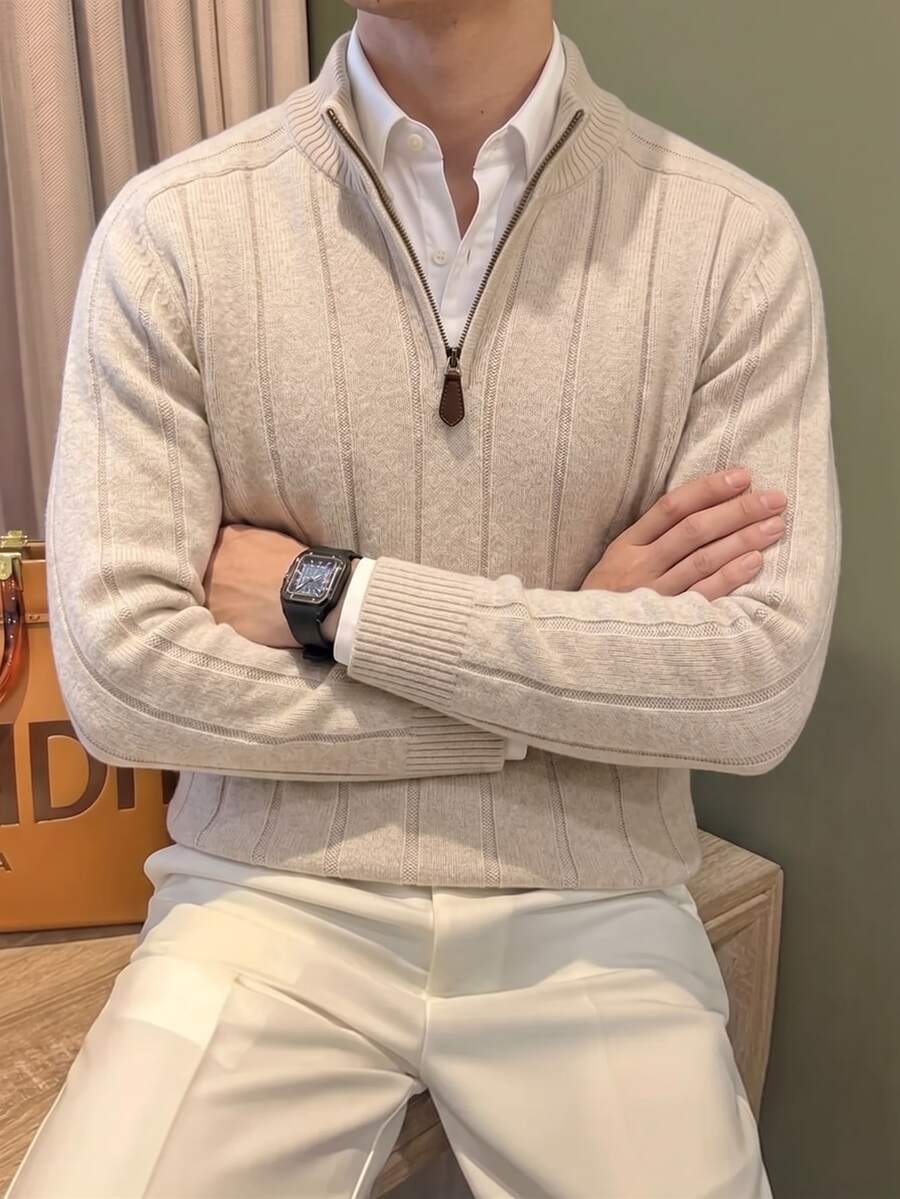 Manfinity Homme Men's Half-Stand Collar Zip-Up Long Sleeve Pullover Sweater, Casual Knit Autumn/Winter Clothing, Oatmeal Color Loose Fit Commuter Outfit, Simple Versatile Ribbed Stand Collar Pullover Sweater - Beige - View 1