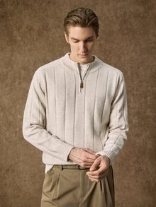 Manfinity Homme Men's Half-Stand Collar Zip-Up Long Sleeve Pullover Sweater, Casual Knit Autumn/Winter Clothing, Oatmeal Color Loose Fit Commuter Outfit, Simple Versatile Ribbed Stand Collar Pullover Sweater - Beige - View 2