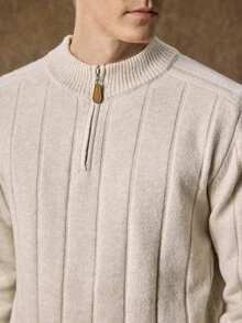Manfinity Homme Men's Half-Stand Collar Zip-Up Long Sleeve Pullover Sweater, Casual Knit Autumn/Winter Clothing, Oatmeal Color Loose Fit Commuter Outfit, Simple Versatile Ribbed Stand Collar Pullover Sweater - Beige - View 7