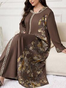 Al Najma 大尺碼女款花卉V領長袖寬鬆阿拉伯風端莊Ninang禮服，洗禮賓客婚禮秋季穿搭 - 咖啡棕 - 查看 4