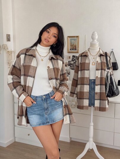 INAWLY Chaqueta casual cómoda de manga larga con un solo abotonador, bolsillo en el pecho, estampado a cuadros y corte holgado, para mujer, para otoño/invierno