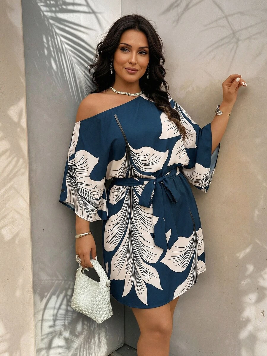 Weeklong Plus Size Women's Spring/Summer Vacation Asymmetrical Shoulder Cinched Waist Solid Floral Print Short Dress Wedding Guest Navy Blue Elegant - Multicolor - View 1