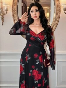 Feyla New Design V-Neck Criss-Cross Cinched Waist Elegant Printed Party Vacation Dress - Multicolor - View 2