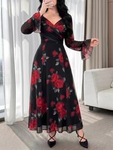 Feyla New Design V-Neck Criss-Cross Cinched Waist Elegant Printed Party Vacation Dress - Multicolor - View 4