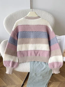 SHEIN Tween Girl Tween Girl Kids Loose Casual Minimalist Comfortable Round Neck Long Sleeve Bow Colorful Striped Autumn Winter Cardigan Back To School - Multicolor - View 3