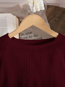 SHEIN 青少年女孩休閒圓領長袖鏤空蝴蝶結針織衫，秋冬款 - 酒紅色 - 查看 5