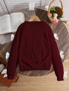 SHEIN 青少年女孩休閒圓領長袖鏤空蝴蝶結針織衫，秋冬款 - 酒紅色 - 查看 3