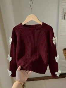 SHEIN 青少年女孩休閒圓領長袖鏤空蝴蝶結針織衫，秋冬款 - 酒紅色 - 查看 2