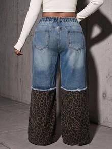SHEIN MOD Plus Size Fall Women's Leopard Print Patchwork Denim Jeans, Ripped Wide Leg Baggy Pants, Y2K Casual Cargo Going Out Birthday Club Outfits - Blue - View 2