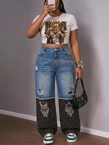 SHEIN MOD Plus Size Fall Women's Leopard Print Patchwork Denim Jeans, Ripped Wide Leg Baggy Pants, Y2K Casual Cargo Going Out Birthday Club Outfits - Blue - View 3