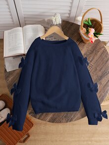 SHEIN 青少年女孩休閒圓領長袖鏤空蝴蝶結針織衫，秋冬款 - 藍色 - 查看 6