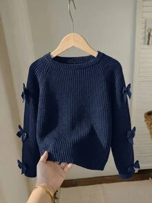 SHEIN 青少年女孩休閒圓領長袖鏤空蝴蝶結針織衫，秋冬款 - 藍色 - 查看 2