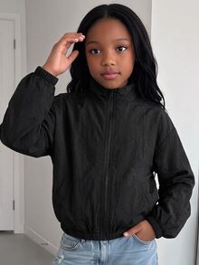 SHEIN 青少年女孩秋季新款波點圖案寬鬆立領外套 職業日校園穿搭 黑色街頭風 - 黑色 - 查看 1