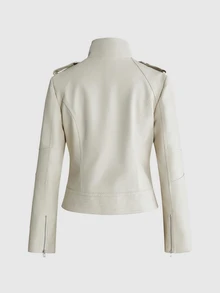 ROMWE Jaket Wanita Musim Gugur/Dingin Vintage Y2K Napoleon PU dengan Dekorasi Logam Keren, Kancing Ganda Depan Terbuka, Serbaguna - Aprikot - View 2