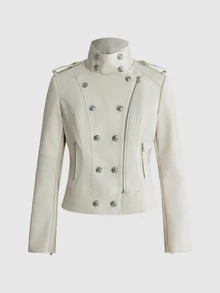 ROMWE Jaket Wanita Musim Gugur/Dingin Vintage Y2K Napoleon PU dengan Dekorasi Logam Keren, Kancing Ganda Depan Terbuka, Serbaguna - Aprikot - View 6